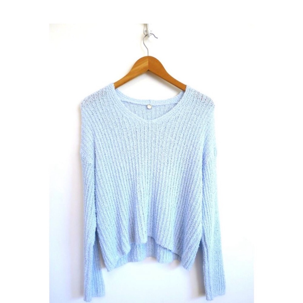 Margaret O'Leary Sky Blue Cotton Cashmere V Neck Boucle Sweater